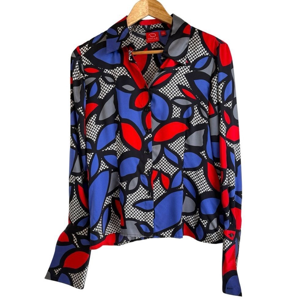 Oscar by Oscar de la Renta 100% Silk Abstract Floral Print French Cuff Blouse
